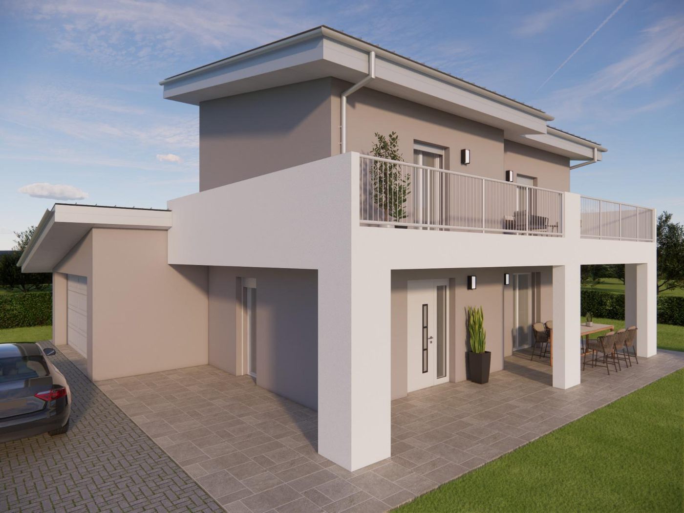 Render di progetto della villa finita vista dalla strada, con l’autorimessa a sinistra e il portico a destra.
