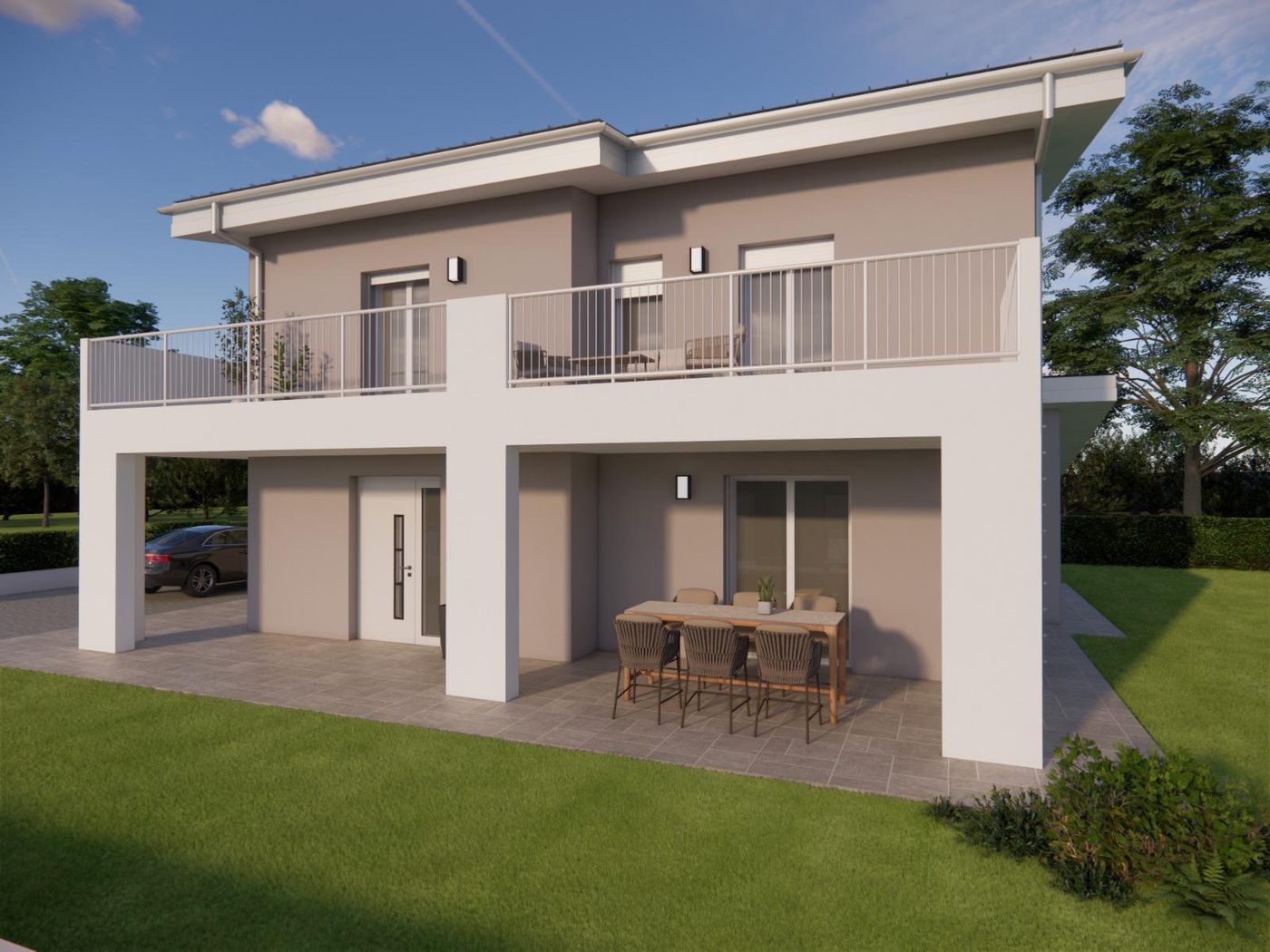 Render di progetto del portico coperto con il tavolo da pranzo, visto dal giardino.