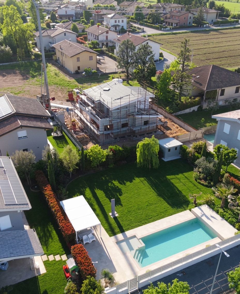 Vista dall’alto del cantiere, con la villa in costruzione fra le case intorno.